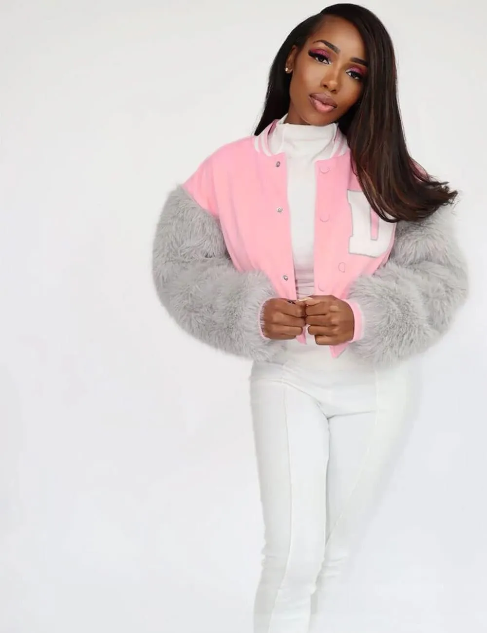 KANSOON Varsity Jacket Women Faux Fur Sleeve Cropped Baseball Jacket Button Up Casual Patchwork Letterman Coat