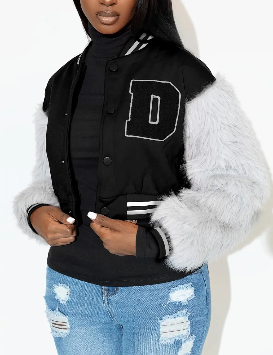 KANSOON Varsity Jacket Women Faux Fur Sleeve Cropped Baseball Jacket Button Up Casual Patchwork Letterman Coat