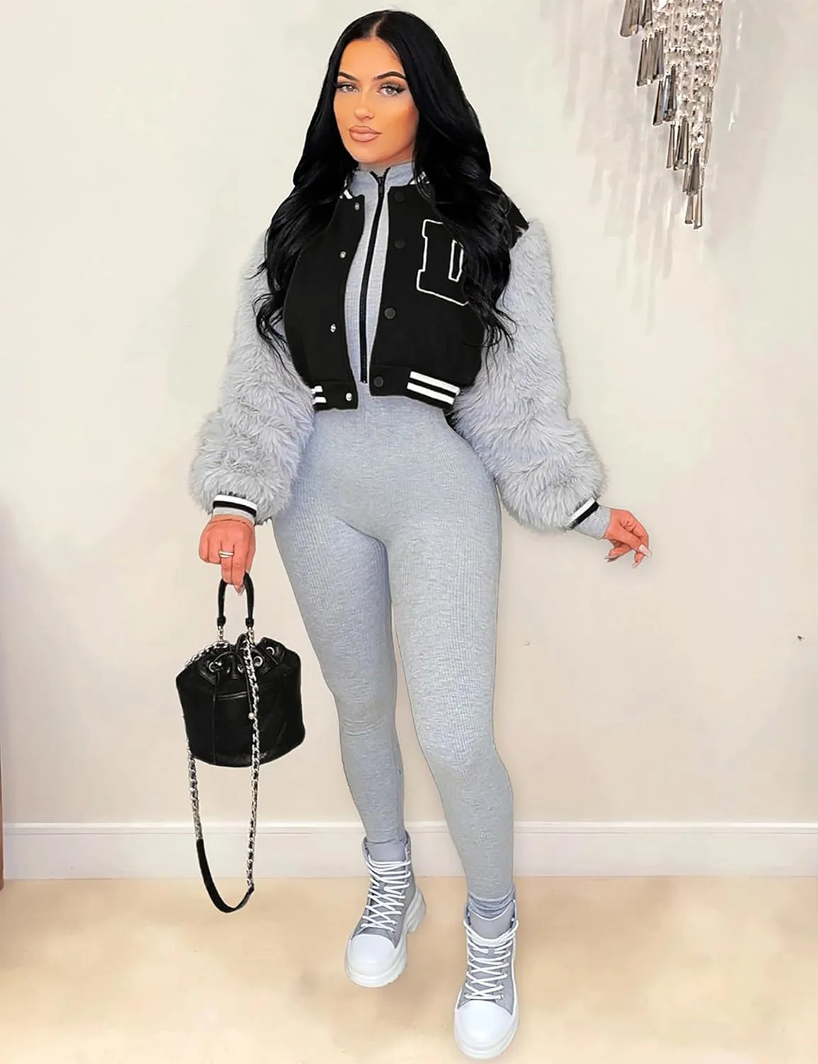 KANSOON Varsity Jacket Women Faux Fur Sleeve Cropped Baseball Jacket Button Up Casual Patchwork Letterman Coat
