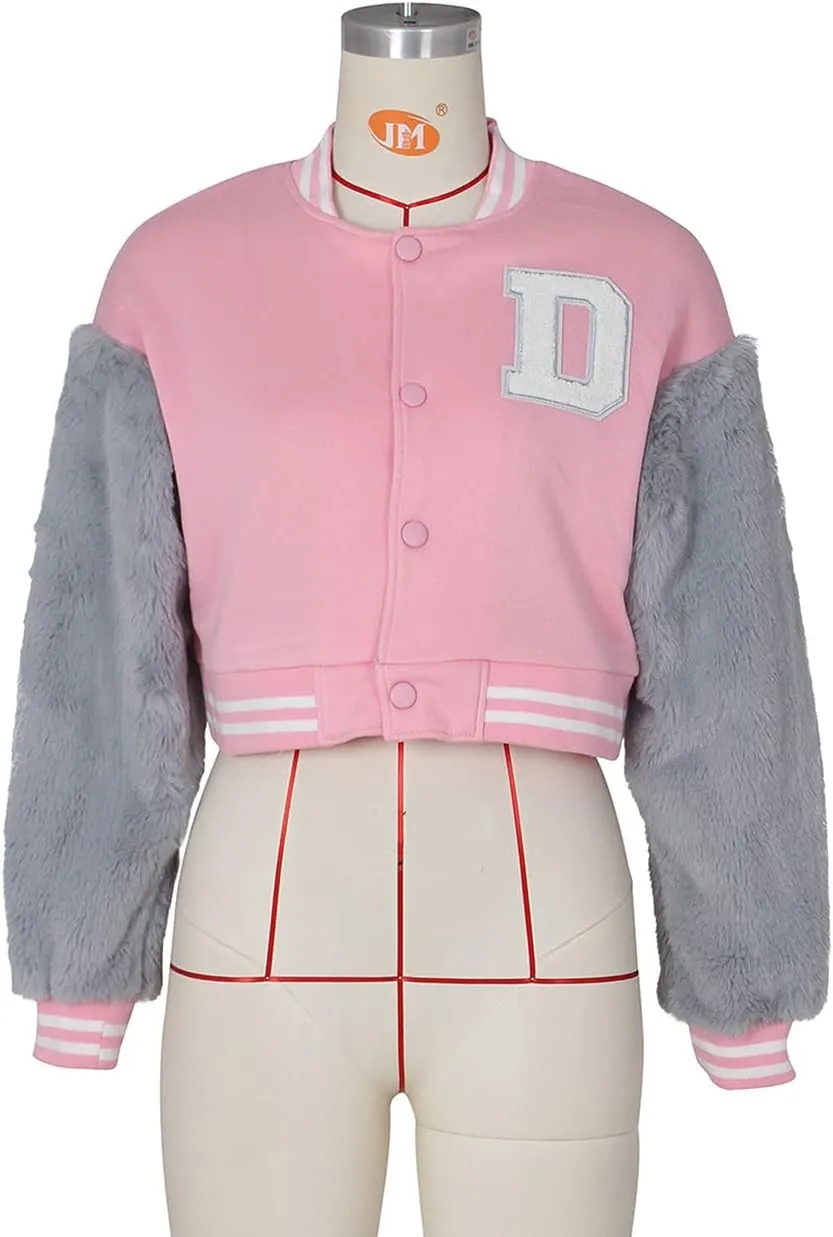 KANSOON Varsity Jacket Women Faux Fur Sleeve Cropped Baseball Jacket Button Up Casual Patchwork Letterman Coat