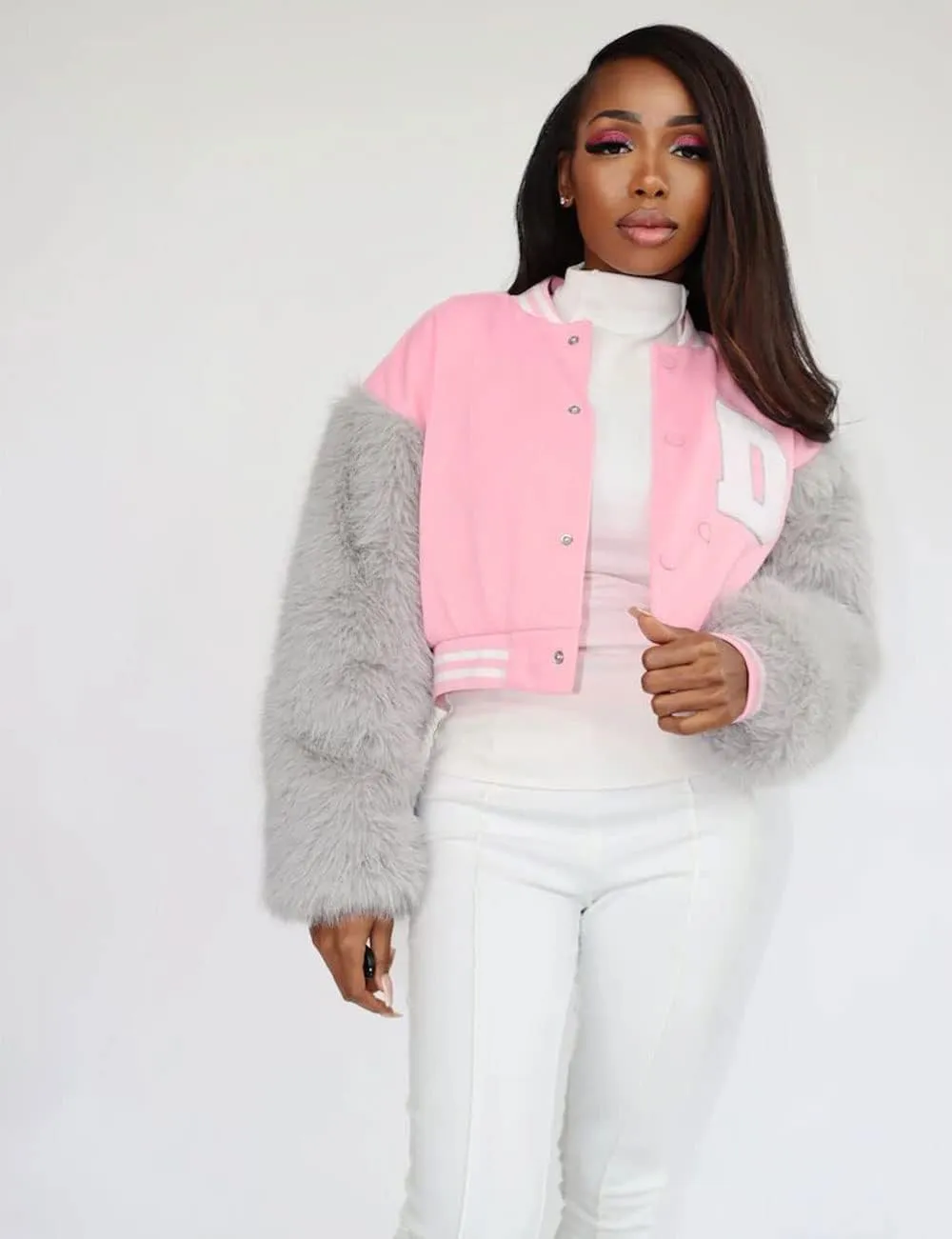 KANSOON Varsity Jacket Women Faux Fur Sleeve Cropped Baseball Jacket Button Up Casual Patchwork Letterman Coat