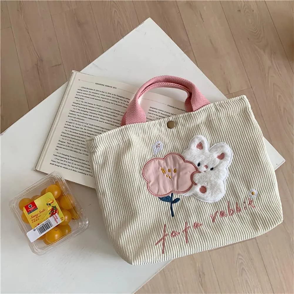 Kawaii Rabbit Embroidered Canvas Bag, Corduroy Tote Bag, Bento Messenger Bag With Snap, Square Handbag For Women