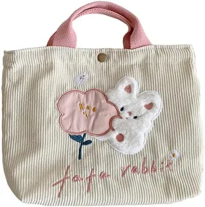 Kawaii Rabbit Embroidered Canvas Bag, Corduroy Tote Bag, Bento Messenger Bag With Snap, Square Handbag For Women