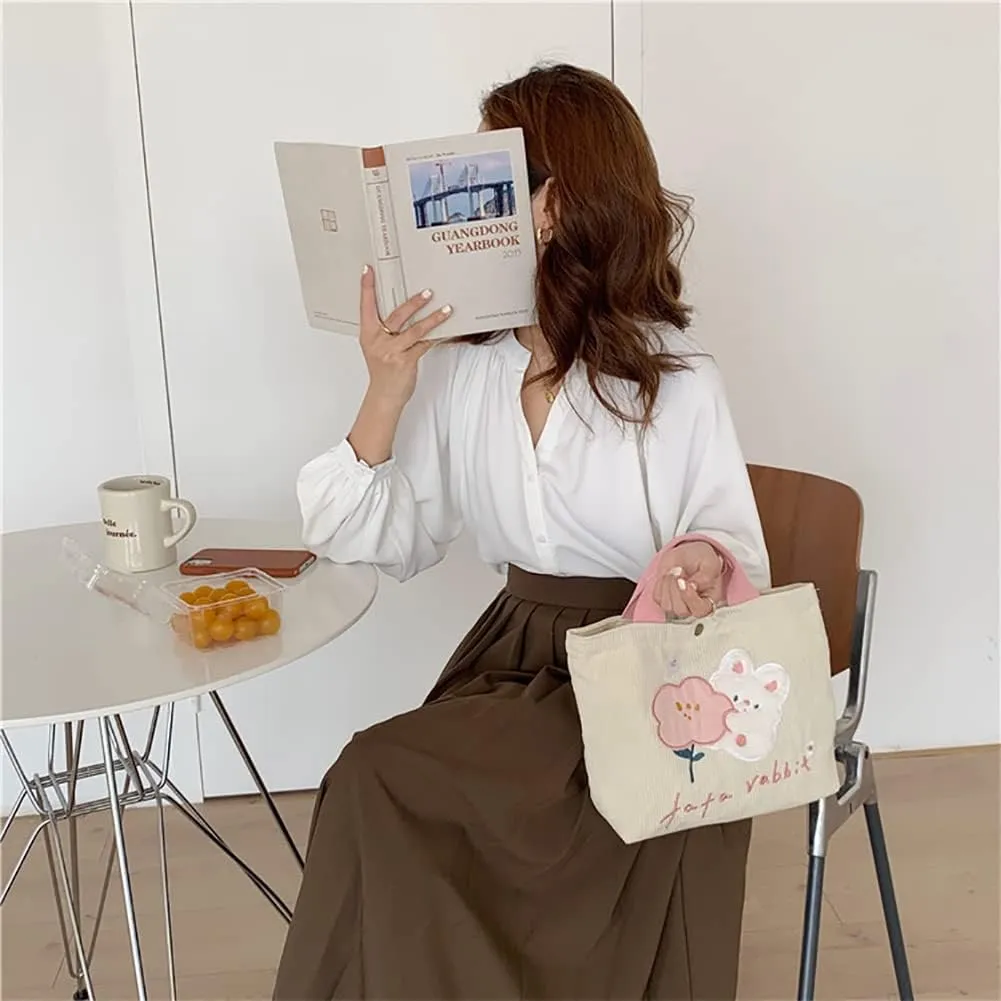 Kawaii Rabbit Embroidered Canvas Bag, Corduroy Tote Bag, Bento Messenger Bag With Snap, Square Handbag For Women