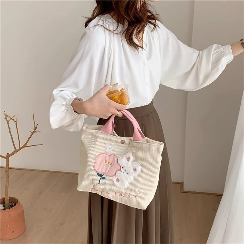 Kawaii Rabbit Embroidered Canvas Bag, Corduroy Tote Bag, Bento Messenger Bag With Snap, Square Handbag For Women