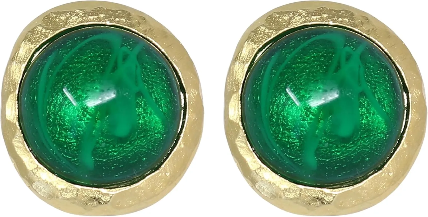 Kenneth Jay Lane Flawed Faux Emerald Cabochon Clip-On Button Earrings with Satin Gold Settings
