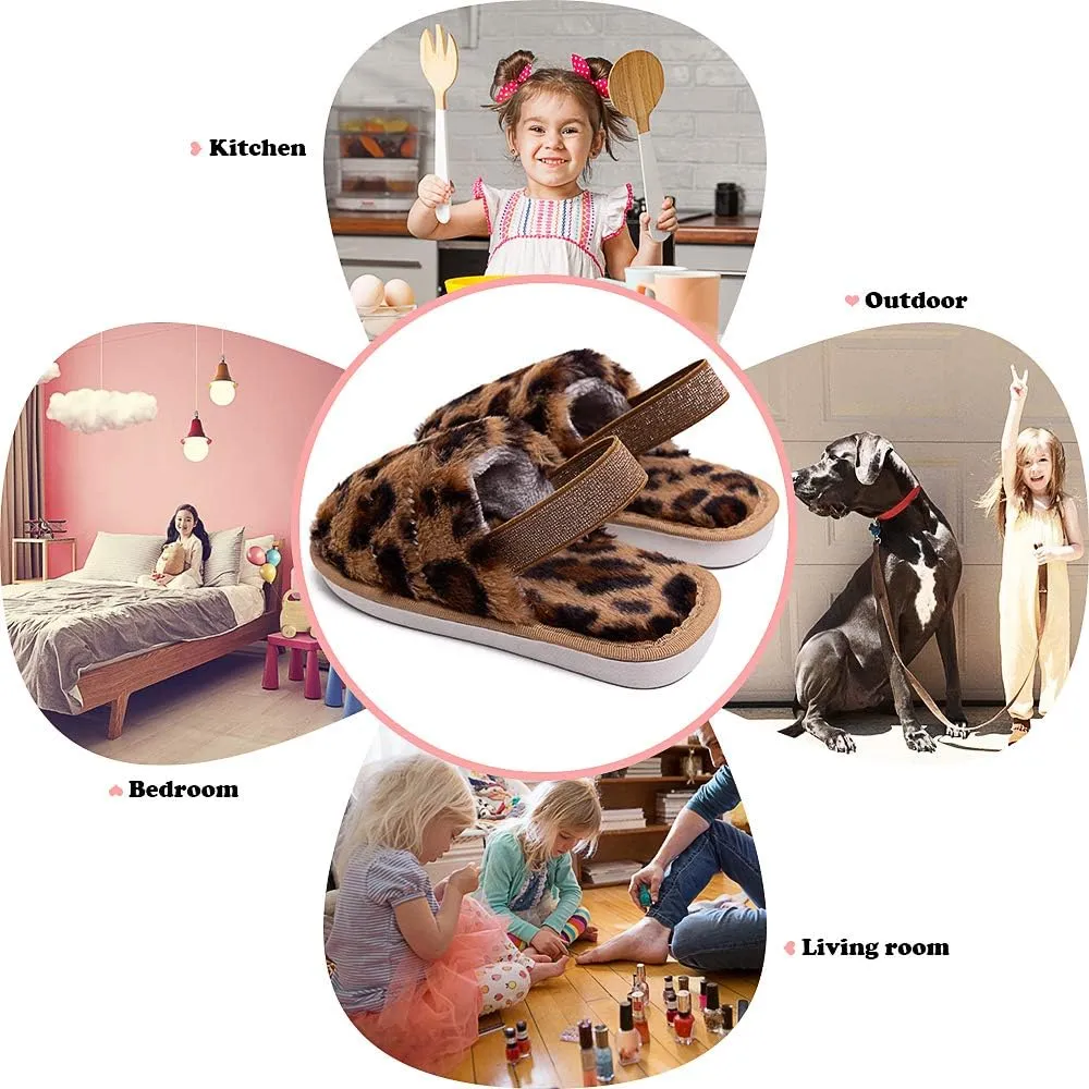 Kids Fluffy Fuzzy Slippers Open Toe House Home Slippers for Boys and Girls Faux Fur Slides with Strap Little Kids Slip-on Shoes