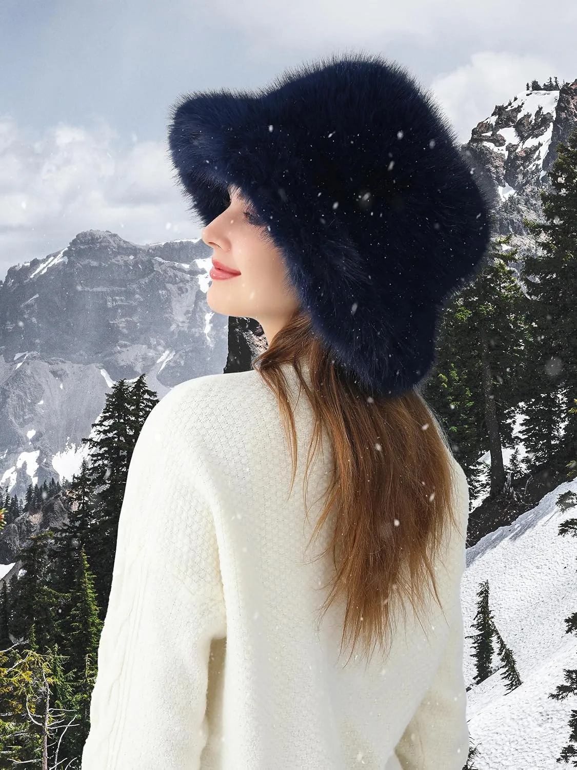 LA CARRIE Women's Fuzzy Wide Brim Faux Fur Bucket Hat Winter Warmer Fisherman Cap