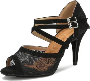 Ladies Open-Toe Ballroom Sandals - Geometric Cutouts with Elastic Laces for Summer Soirées (8CM/3.15")