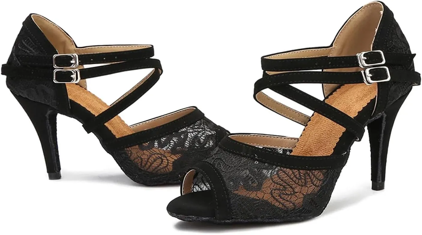 Ladies Open-Toe Ballroom Sandals - Geometric Cutouts with Elastic Laces for Summer Soirées (8CM/3.15")