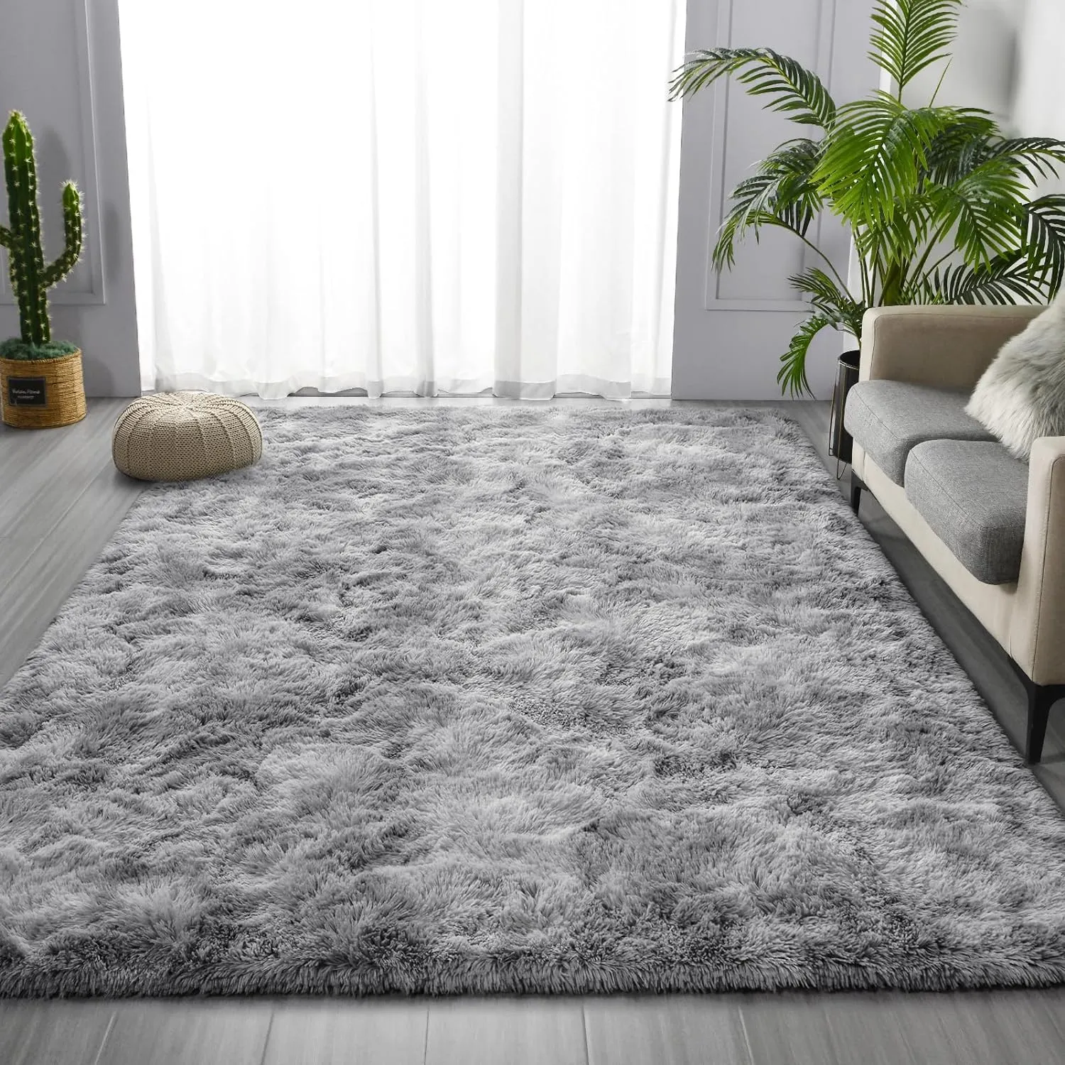 Large Shag Area Rugs 5 x 8, Tie-Dyed Plush Fuzzy Rugs for Living Room, Ultra Soft Fluffy Furry Rug for Bedroom, Indoor Carpet Nursery Rugs for Kids Room Home Decor, Light Grey