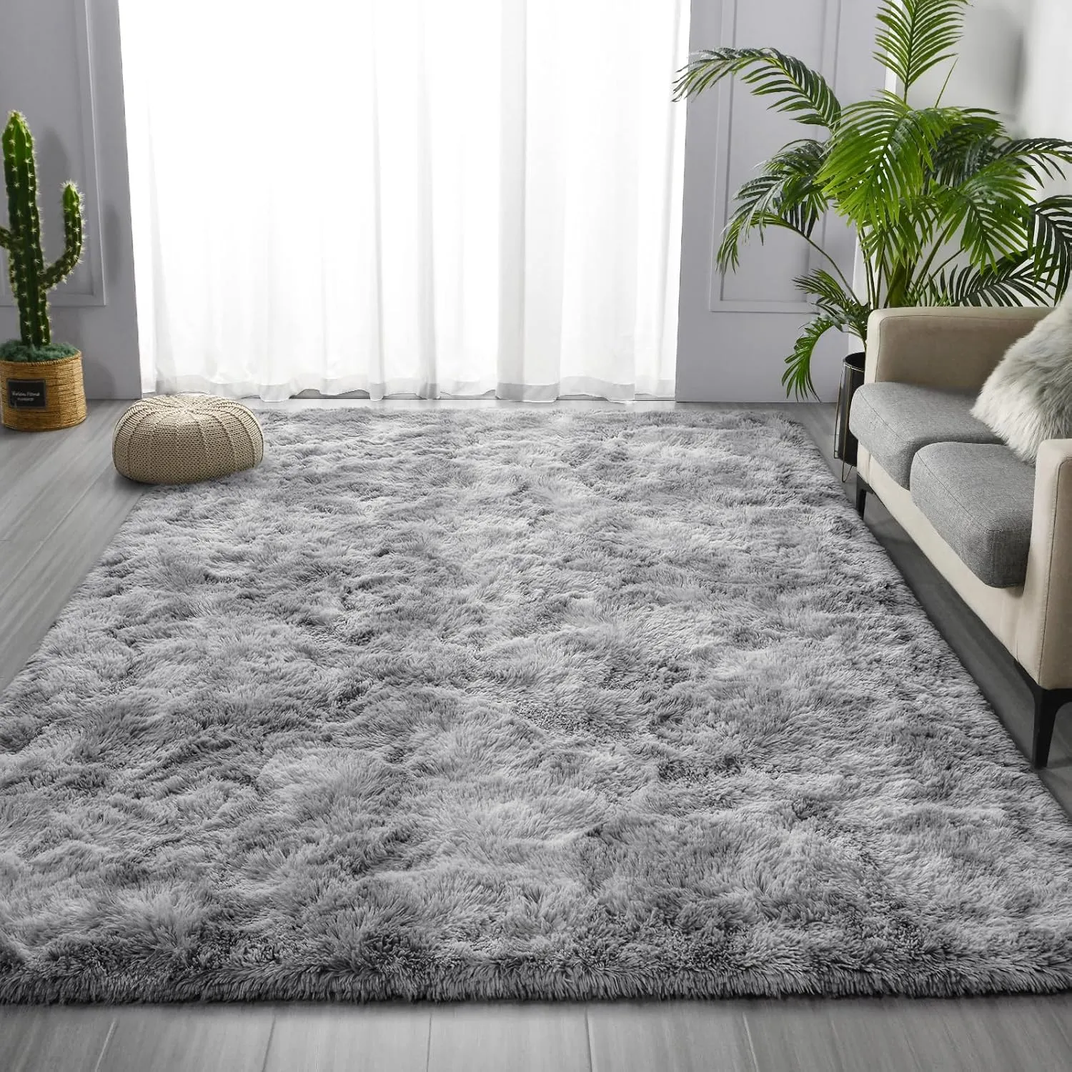 Large Shag Area Rugs 6 x 9, Tie-Dyed Plush Fuzzy Rugs for Living Room, Ultra Soft Fluffy Furry Rugs for Bedroom, Indoor Carpet Nursery Rugs for Kids Room Home Decor, Light Grey