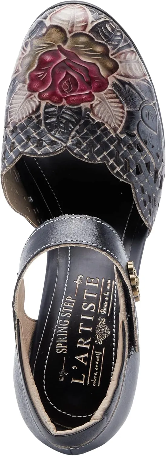 L'Artiste Debbihary Mary Jane Pump Shoes for Women | Pointed Closed Toe High Heels for Women with Rose Embossed Details and Adjustable Ankle Strap