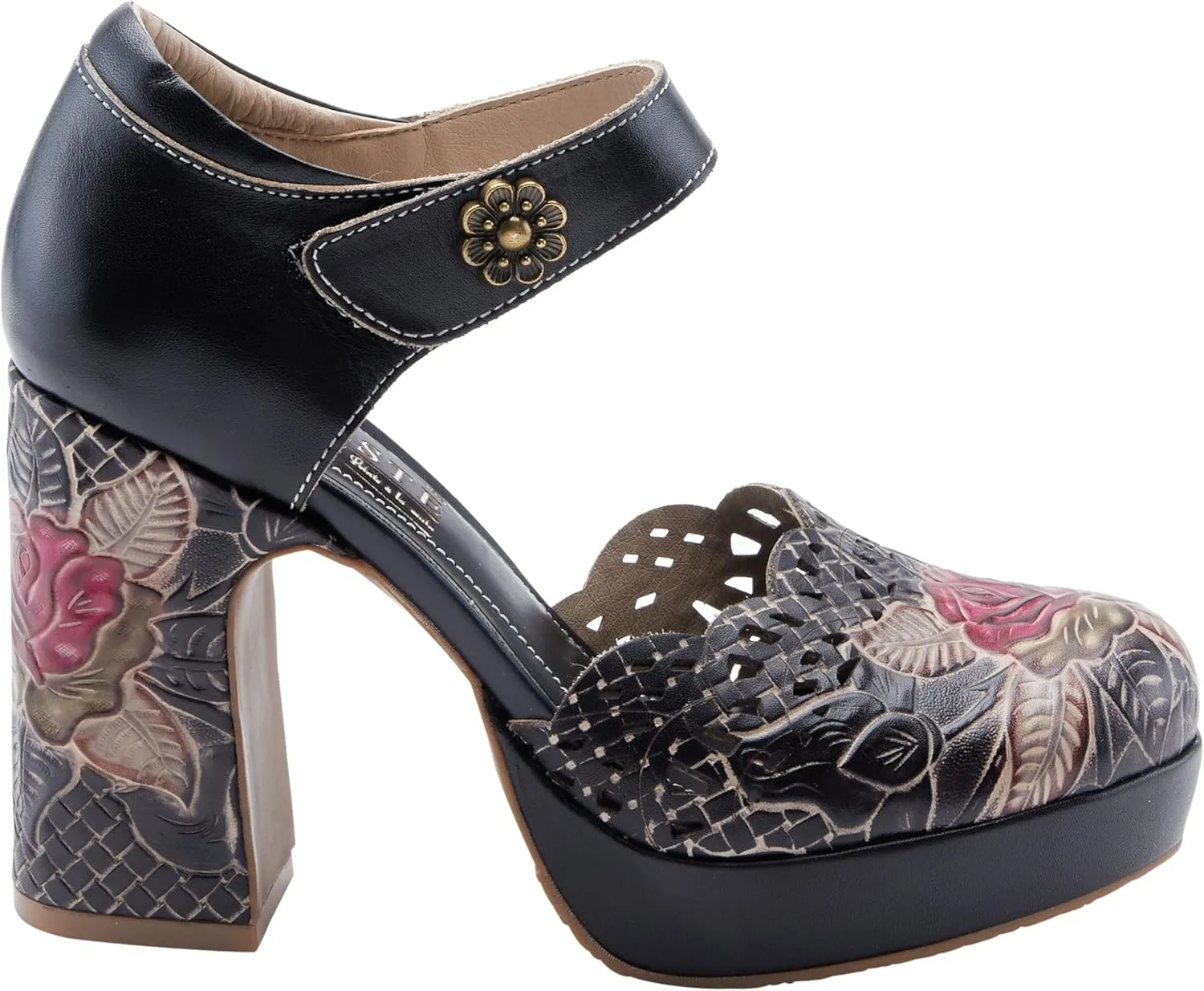 L'Artiste Debbihary Mary Jane Pump Shoes for Women | Pointed Closed Toe High Heels for Women with Rose Embossed Details and Adjustable Ankle Strap
