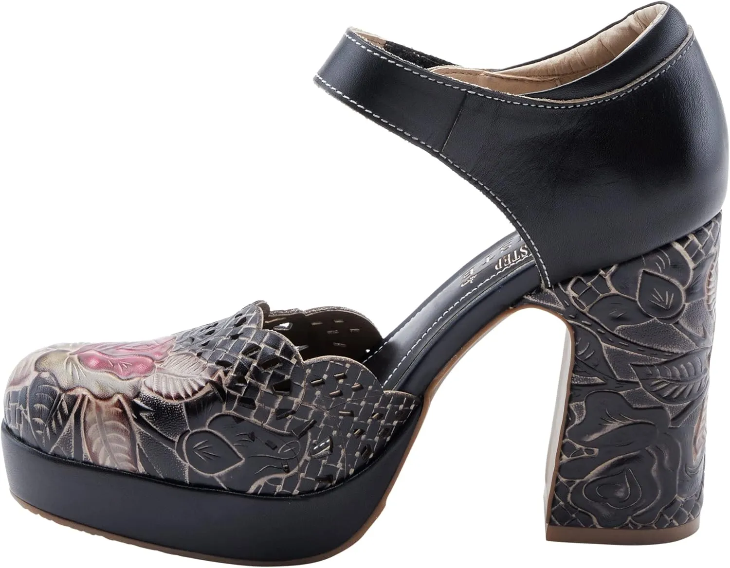 L'Artiste Debbihary Mary Jane Pump Shoes for Women | Pointed Closed Toe High Heels for Women with Rose Embossed Details and Adjustable Ankle Strap