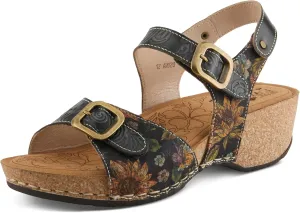 L'Artiste Women's OSUNA Hook-and-Loop Leather Sandals – Floral Cork Design, Adjustable Straps, Cushioned Demi-Wedge Sole