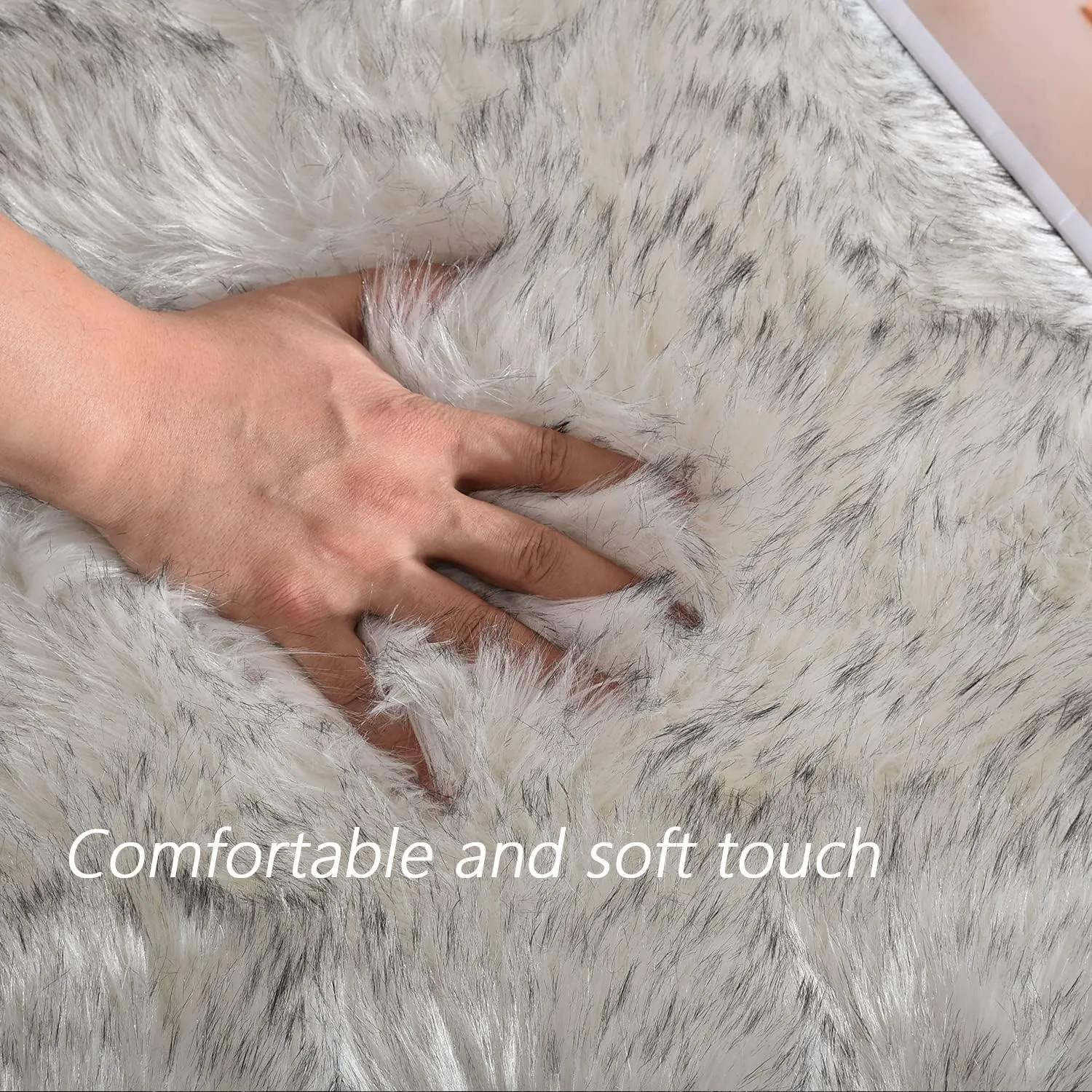 Latepis Large Rug for Living Room Rug 6.7x10 White with Grey Tips Faux Sheep Skin Fur Rug for Bedroom Fluffy Rug Furry Rug Home Décor, Rectangle