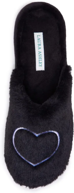 Laura Ashley Womens House Slippers, Hard Soled Faux Fur Lined Clogs for Women, Fuzzy Heart Indoor/Outdoor Women's House Shoes