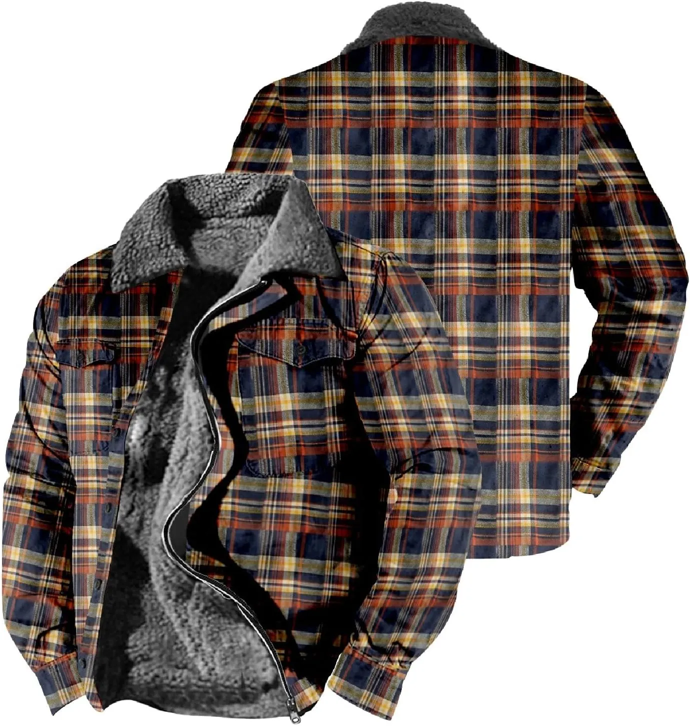 LCMTWX Men's Cotton Plaid Shirts Jacket Print Hooded Zipper Pocket Long Sleeve Shirt Patchwork Jacket Loose Thickened Heavy