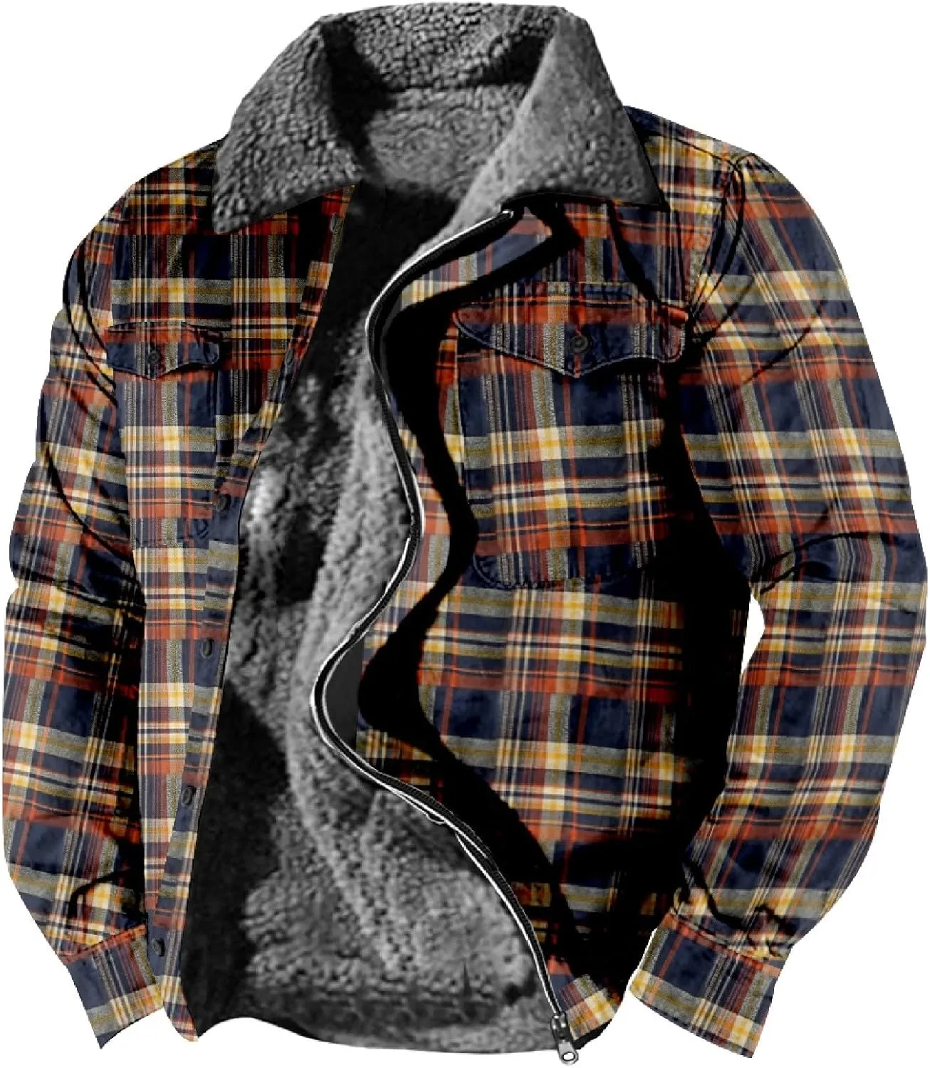 LCMTWX Men's Cotton Plaid Shirts Jacket Print Hooded Zipper Pocket Long Sleeve Shirt Patchwork Jacket Loose Thickened Heavy