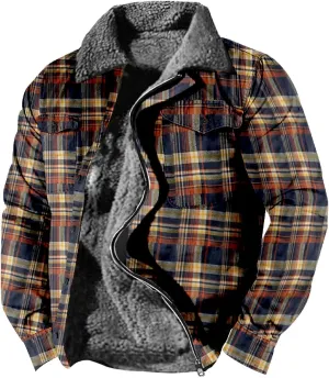 LCMTWX Men's Cotton Plaid Shirts Jacket Print Hooded Zipper Pocket Long Sleeve Shirt Patchwork Jacket Loose Thickened Heavy