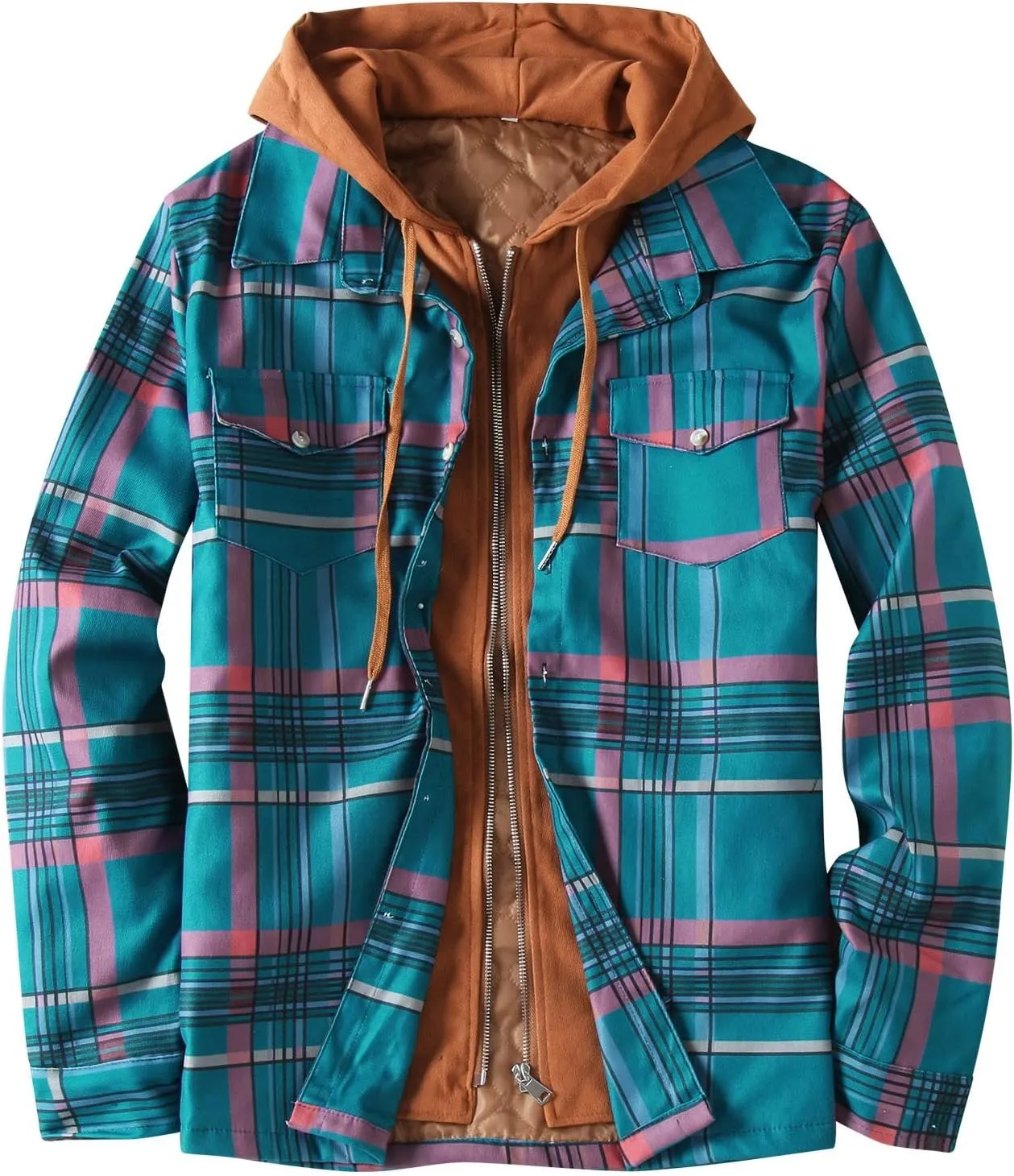 LCMTWX Men's Cotton Plaid Shirts Jacket Print Hooded Zipper Pocket Long Sleeve Shirt Patchwork Soft Warm Coat for Men with