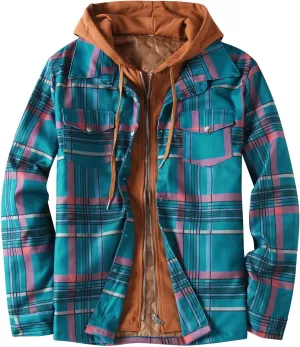 LCMTWX Men's Cotton Plaid Shirts Jacket Print Hooded Zipper Pocket Long Sleeve Shirt Patchwork Soft Warm Coat for Men with