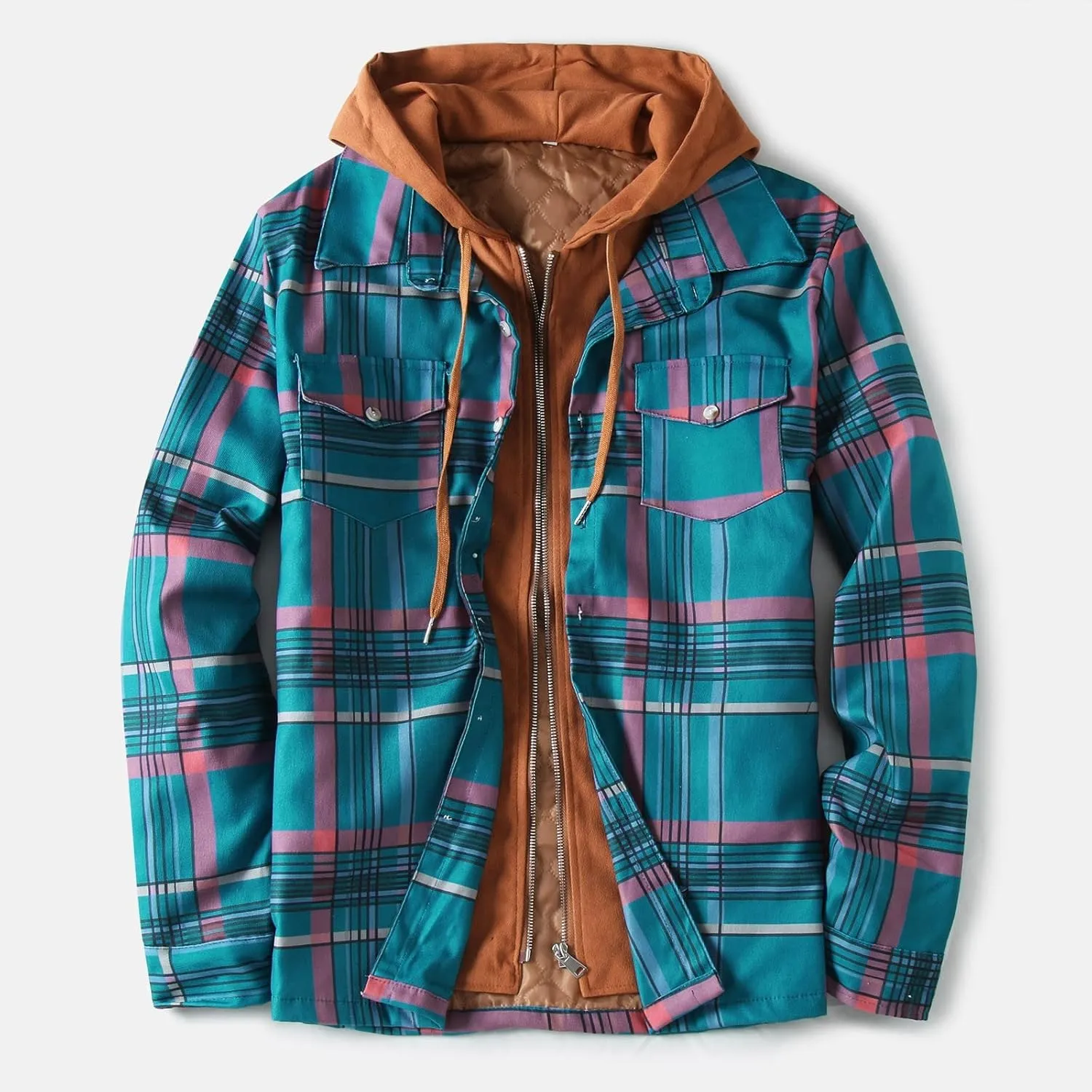 LCMTWX Men's Cotton Plaid Shirts Jacket Print Hooded Zipper Pocket Long Sleeve Shirt Patchwork Soft Warm Coat for Men with