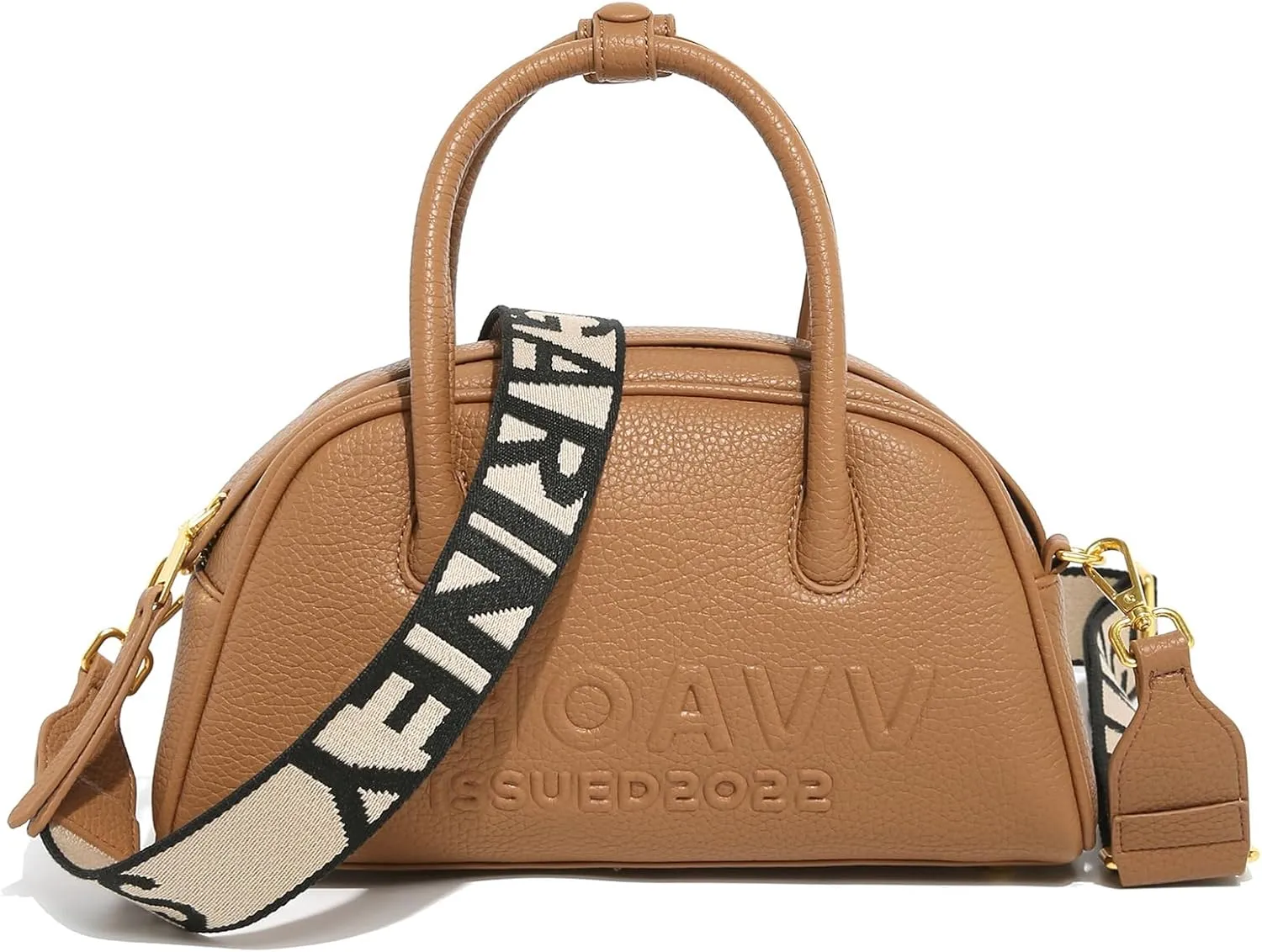 Leather Half Moon Handbag with Embossed Logo, Tan Brown, Adjustable Shoulder Strap, Gold Hardware