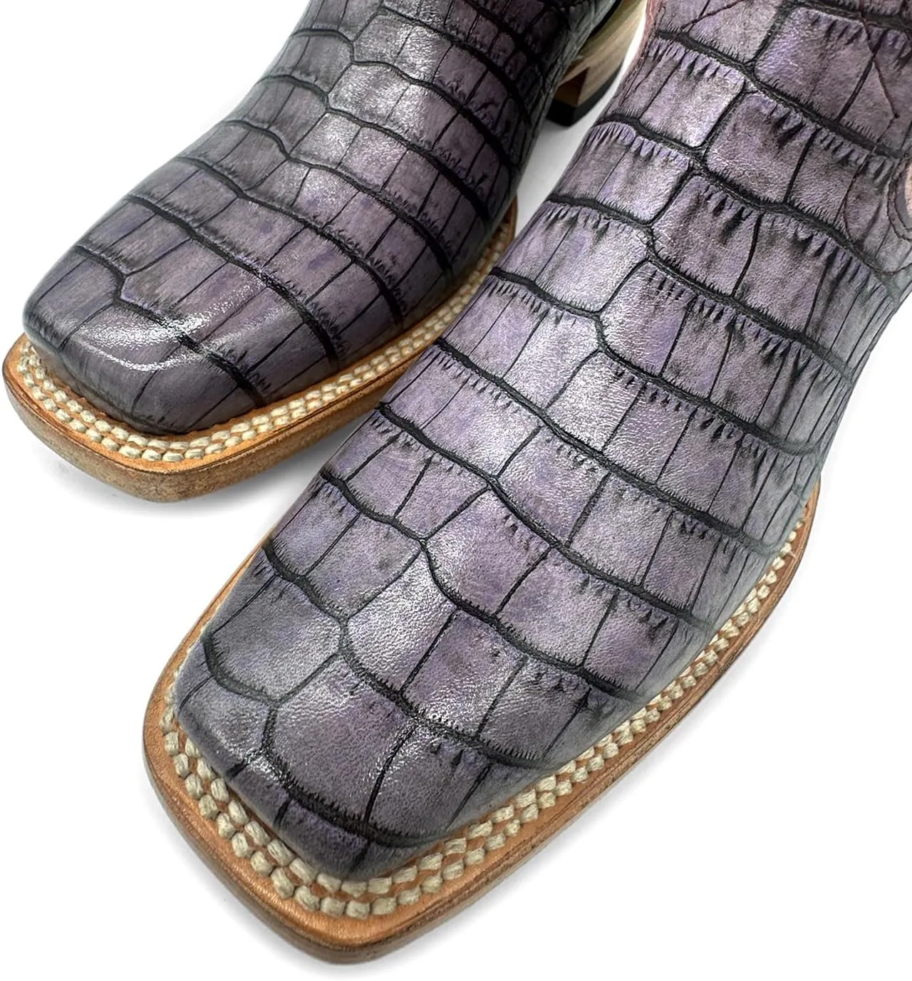 Leather Women's Square Toe Embossed Crocodile Alliagtor Print Boot