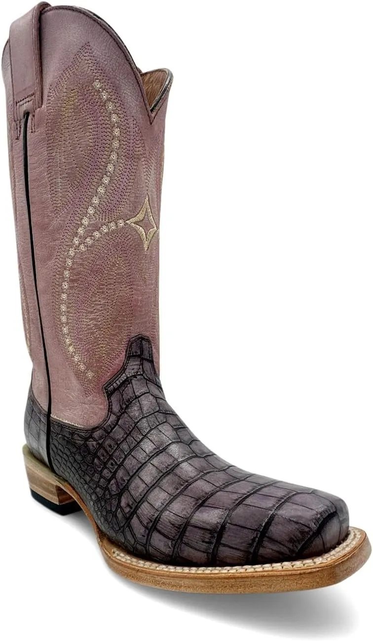 Leather Women's Square Toe Embossed Crocodile Alliagtor Print Boot