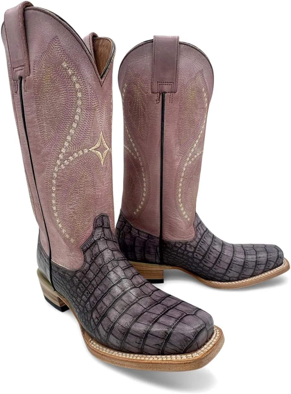 Leather Women's Square Toe Embossed Crocodile Alliagtor Print Boot