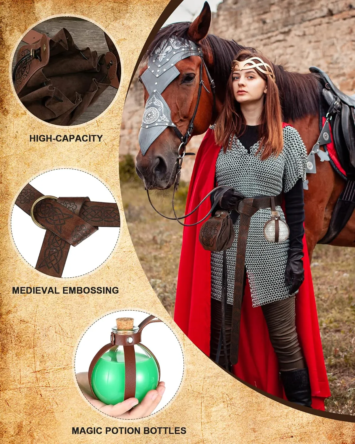 LEIFIDE 3 Pcs Medieval Belt Pouch Viking Belt Potion Bottles with Cork Renaissance Accessories Medieval Bag