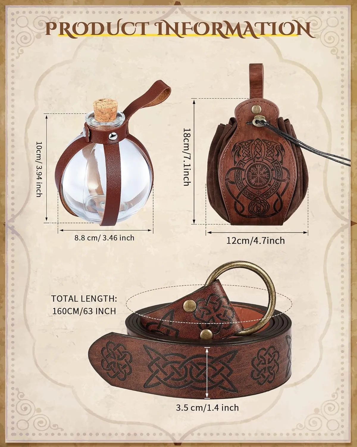 LEIFIDE 3 Pcs Medieval Belt Pouch Viking Belt Potion Bottles with Cork Renaissance Accessories Medieval Bag