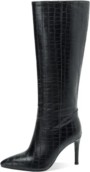 LEMUTISME Women's Fashion Pointed Toe Matte Leather Crocodile Embossed Stiletto Wide Calf Slip On 3.5In High Heel Casual Dress Knee High Boots