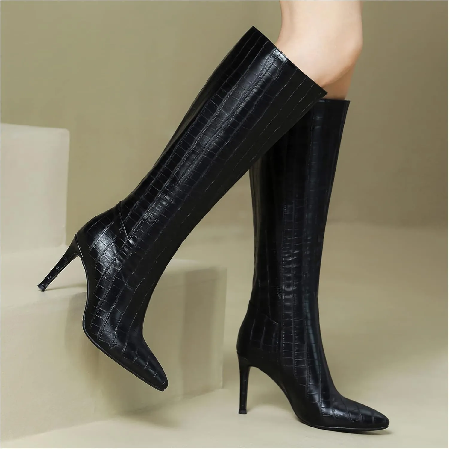 LEMUTISME Women's Fashion Pointed Toe Matte Leather Crocodile Embossed Stiletto Wide Calf Slip On 3.5In High Heel Casual Dress Knee High Boots
