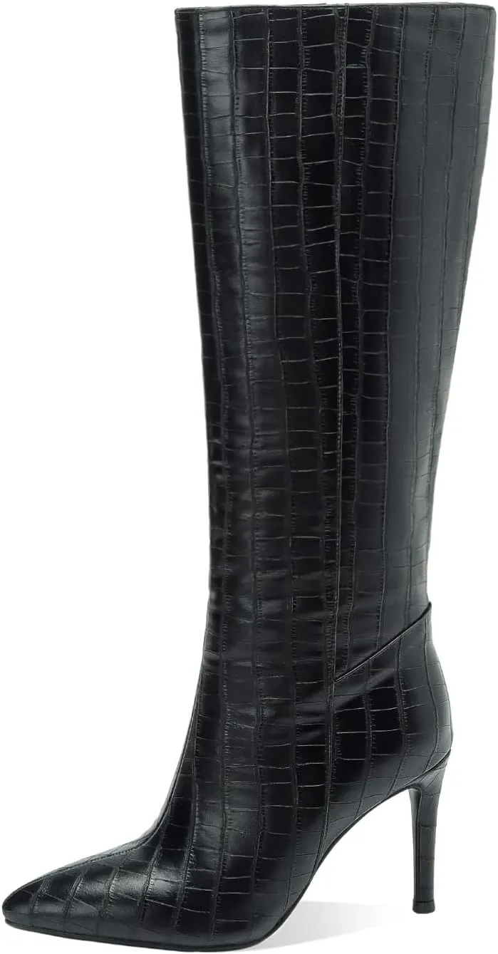 LEMUTISME Women's Fashion Pointed Toe Matte Leather Crocodile Embossed Stiletto Wide Calf Slip On 3.5In High Heel Casual Dress Knee High Boots