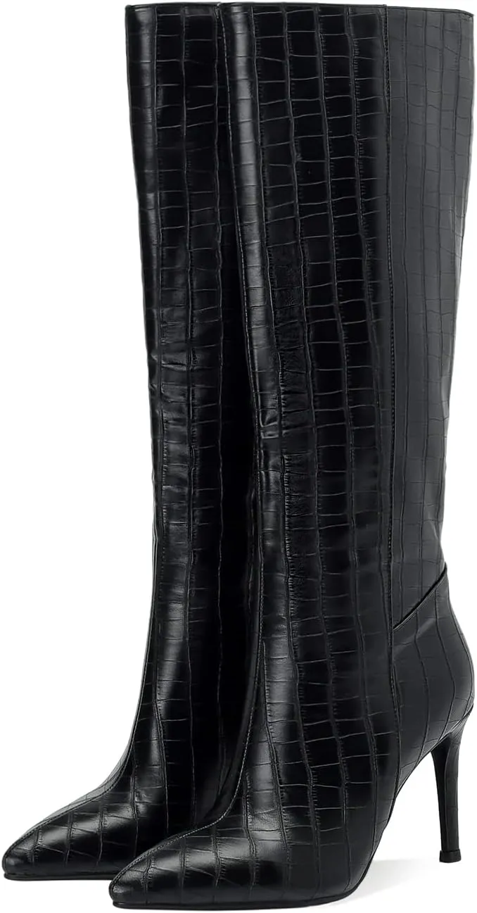 LEMUTISME Women's Fashion Pointed Toe Matte Leather Crocodile Embossed Stiletto Wide Calf Slip On 3.5In High Heel Casual Dress Knee High Boots