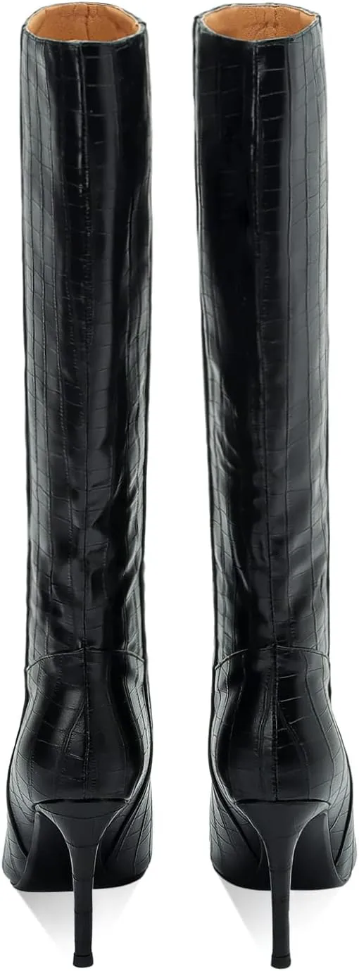 LEMUTISME Women's Fashion Pointed Toe Matte Leather Crocodile Embossed Stiletto Wide Calf Slip On 3.5In High Heel Casual Dress Knee High Boots