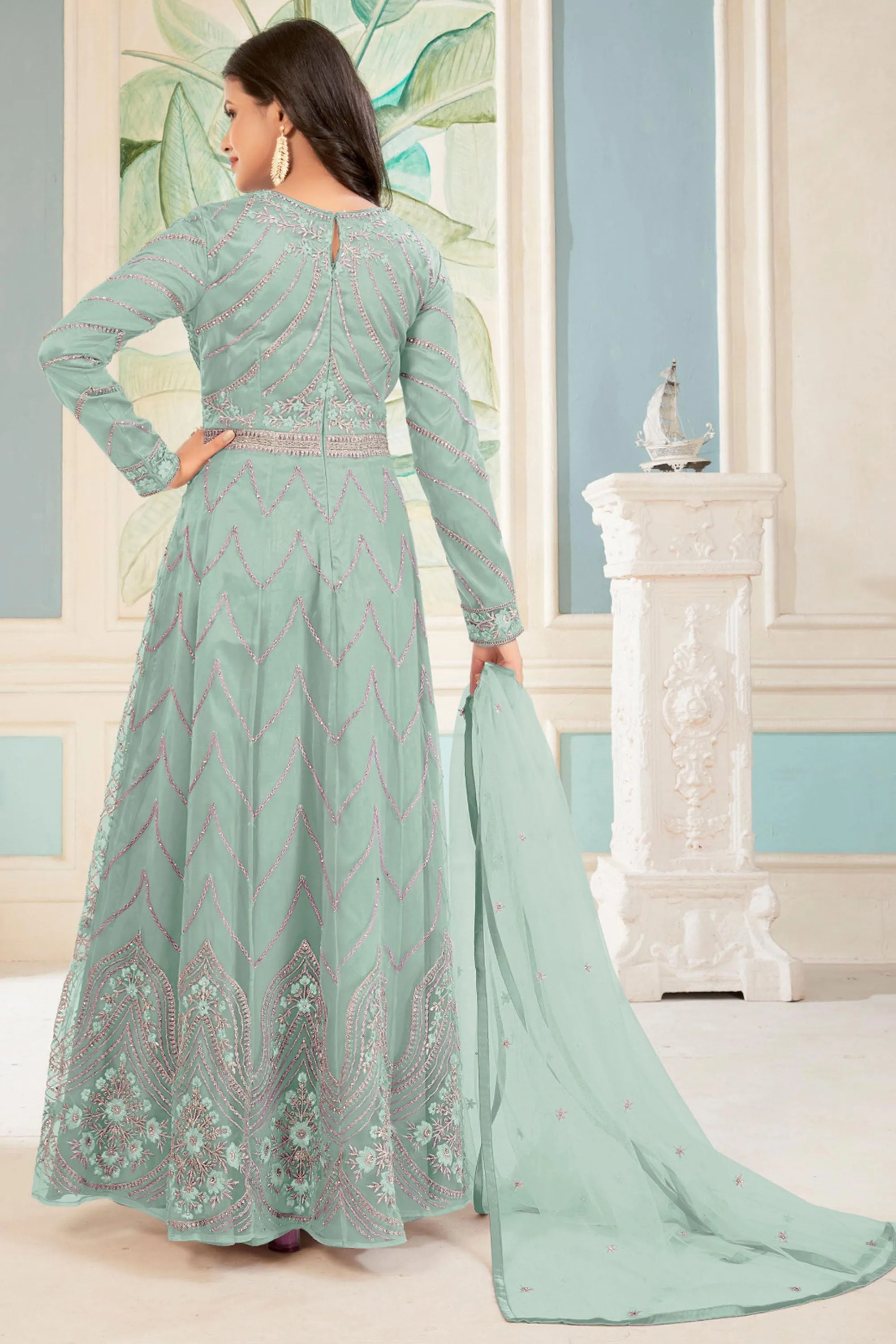 Light Cyan Color Embroidered Long Anarkali Suit In Net Fabric