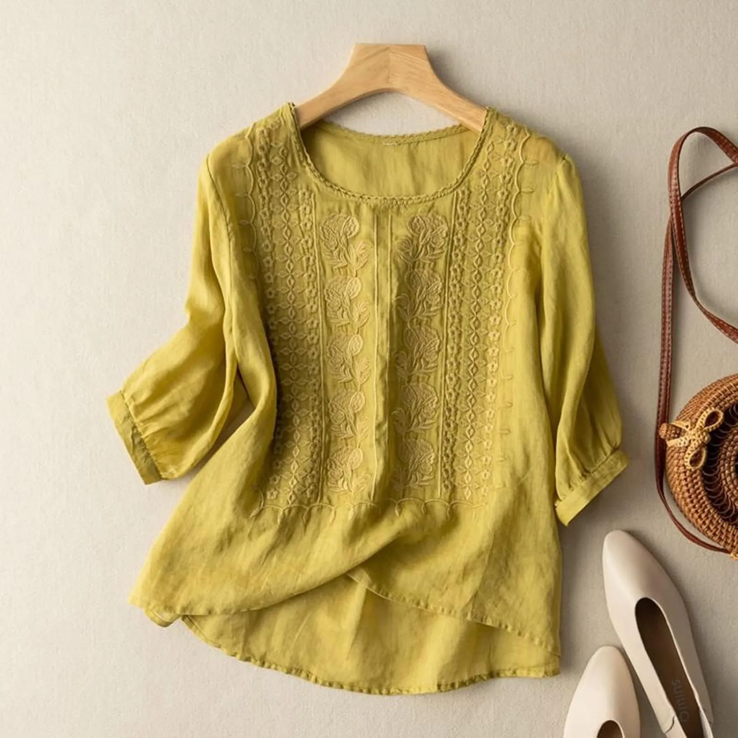 Linen Shirt Women 3/4 Sleeve Summer Retro Embroidered Casual Shirts Loose Solid Boho Breathable Tunic Blouse