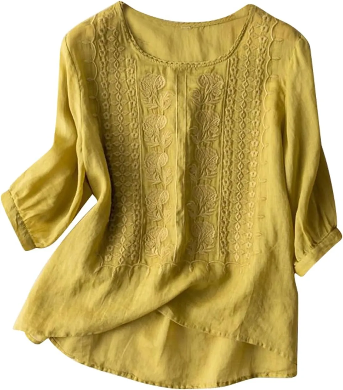 Linen Shirt Women 3/4 Sleeve Summer Retro Embroidered Casual Shirts Loose Solid Boho Breathable Tunic Blouse