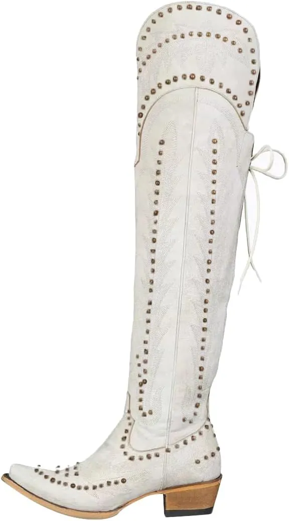 LISHAN Women's Western Cowboy Cowgirl Boots Thigh High Embroidered Block Heels Faux Leather Back Lace Up Shoes