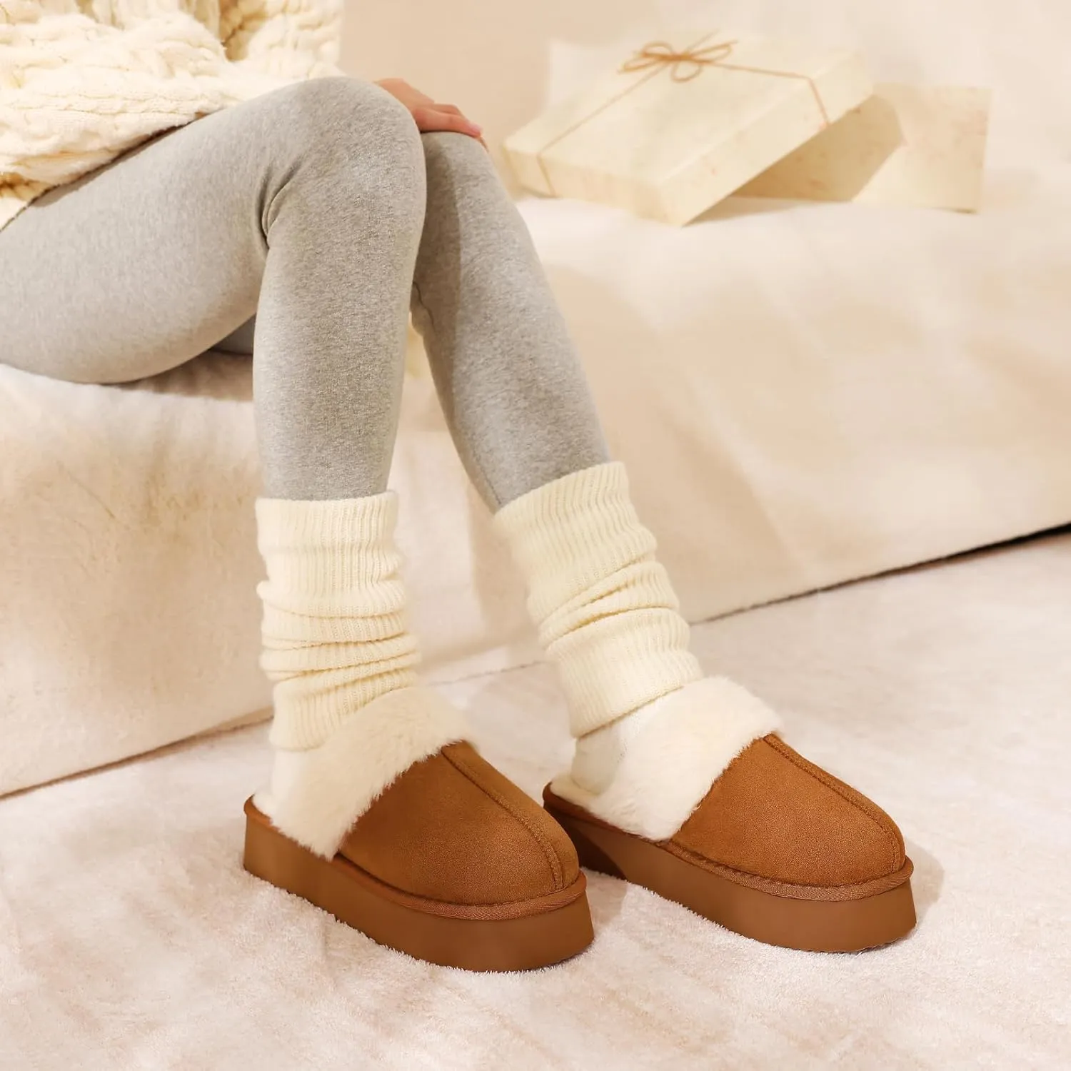 Litfun Womens Fuzzy Platform Slippers Fluffy Memory Foam Winter House Shoes for Indoor and Outdoor