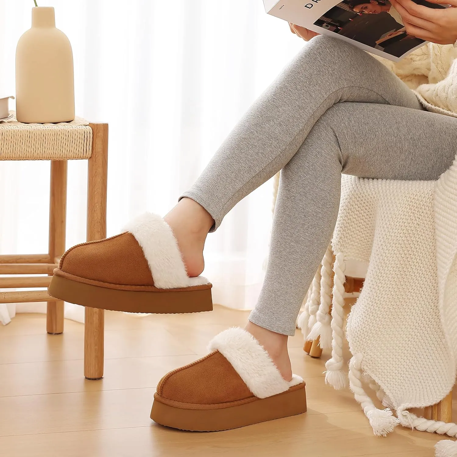 Litfun Womens Fuzzy Platform Slippers Fluffy Memory Foam Winter House Shoes for Indoor and Outdoor