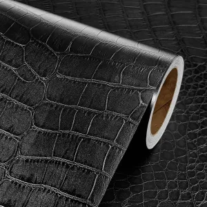 Livelynine 15.8x395 Textured Black Peel and Stick Wallpaper Waterproof Bathroom Removable Faux Leather 3D Crocodile Black Wall Paper Self Adhesive Contact Paper Decorative Kitchen Cabinet Vinyl Wrap