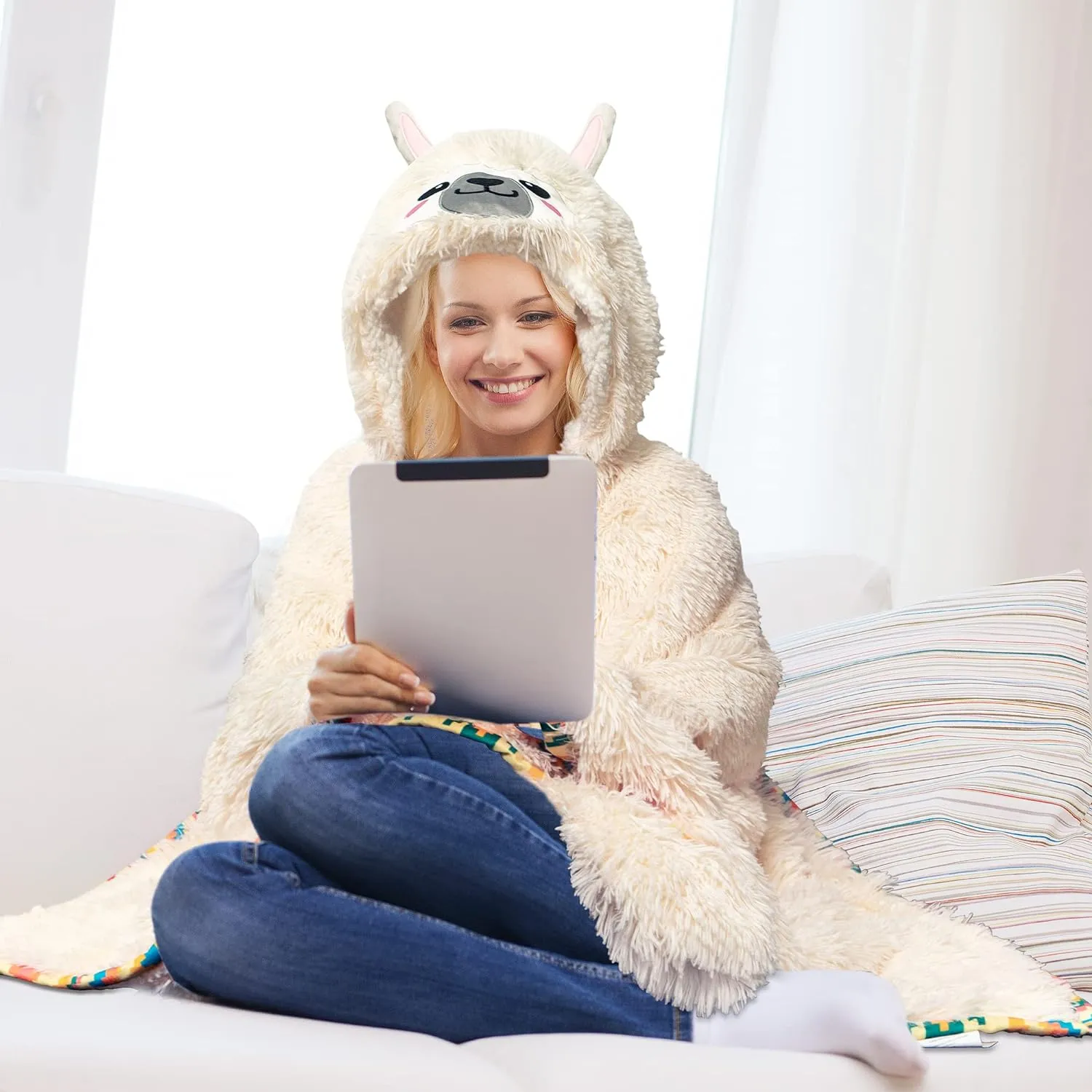 Llama Alpaca Wearable Hooded Blanket for Adults - Fluffy Super Soft Shaggy Faux Fur, Fuzzy Warm Cozy Plush Furry Fleece & Sherpa Hoodie Throw Cloak Wrap - Llama Gifts for Women Adults and Kids