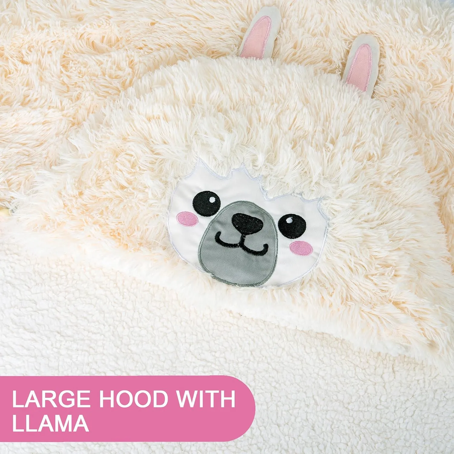 Llama Alpaca Wearable Hooded Blanket for Adults - Fluffy Super Soft Shaggy Faux Fur, Fuzzy Warm Cozy Plush Furry Fleece & Sherpa Hoodie Throw Cloak Wrap - Llama Gifts for Women Adults and Kids