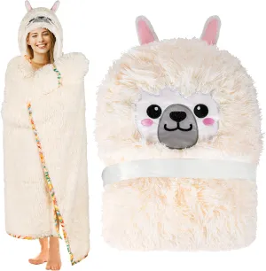 Llama Alpaca Wearable Hooded Blanket for Adults - Fluffy Super Soft Shaggy Faux Fur, Fuzzy Warm Cozy Plush Furry Fleece & Sherpa Hoodie Throw Cloak Wrap - Llama Gifts for Women Adults and Kids