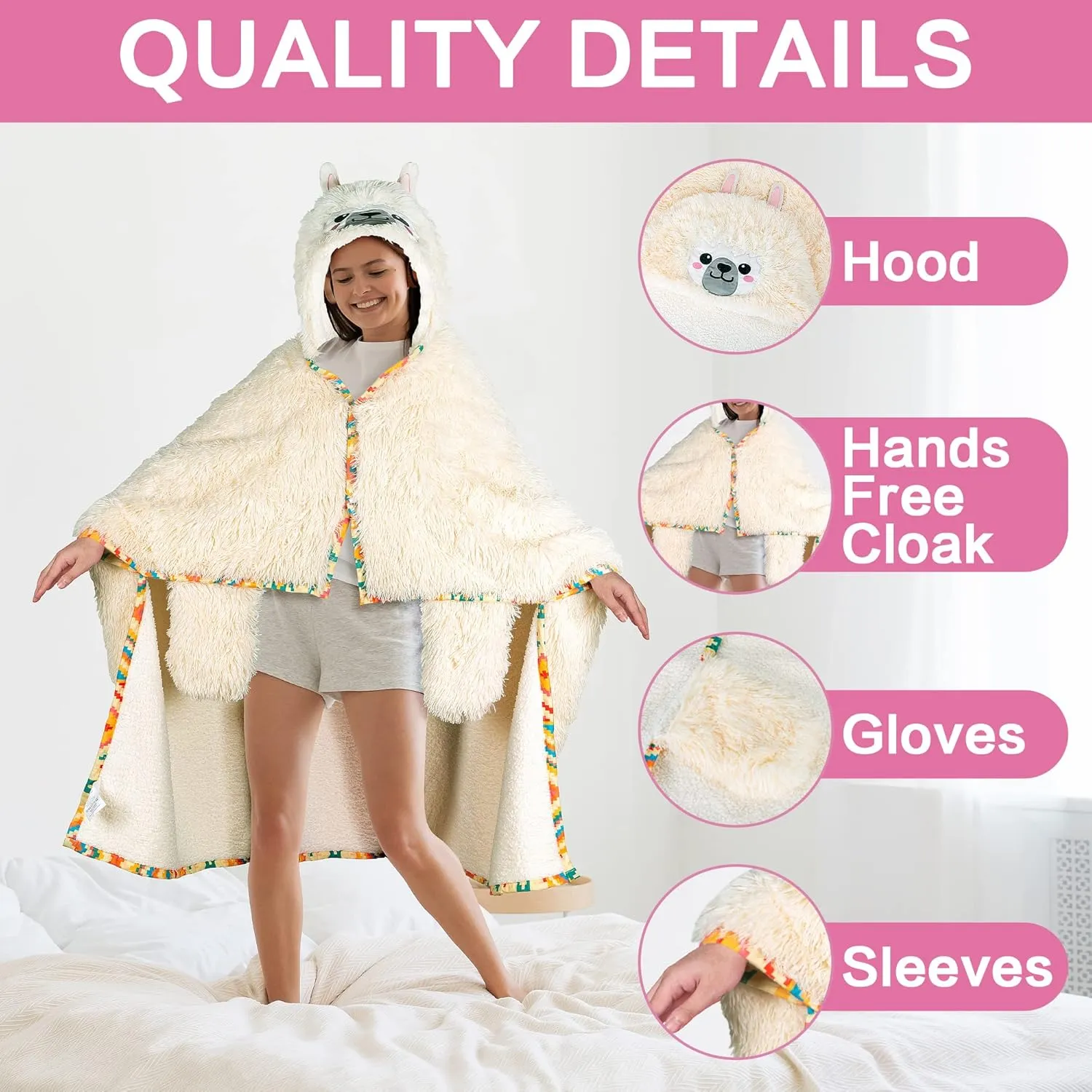 Llama Alpaca Wearable Hooded Blanket for Adults - Fluffy Super Soft Shaggy Faux Fur, Fuzzy Warm Cozy Plush Furry Fleece & Sherpa Hoodie Throw Cloak Wrap - Llama Gifts for Women Adults and Kids